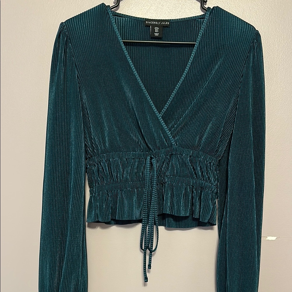 Teal Wrap Blouse with Tie Front